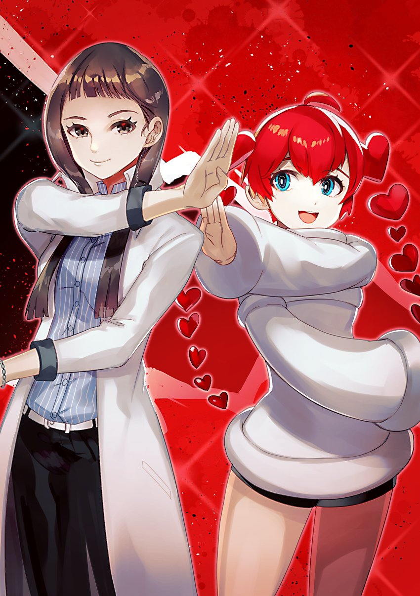 2girls, absurdres, android, blue_eyes, dress, hair_between_eyes, hair_intakes, heart, highres, ichinose_kuon, lab_coat, long_sleeves, multiple_girls, open_mouth, pants, persona_5, persona_5_scramble:_the_phantom_strikers, red_hair, short_shorts, shorts, smile, sophia_(p5s), twintails, wide_sleeves, yasaikakiage