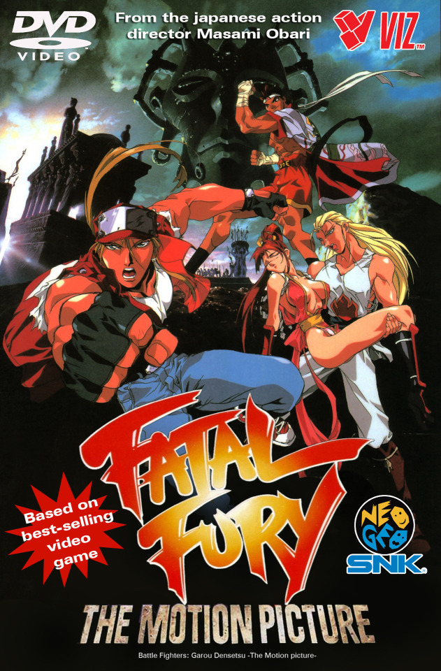 1990s_(style), 1girl, 3boys, andy_bogard, brothers, cover, fatal_fury, fatal_fury:_the_motion_picture, greek_temple, joe_higashi, multiple_boys, muscular, muscular_male, neo_geo, oobari_masami, retro_artstyle, shiranui_mai, siblings, snk, terry_bogard