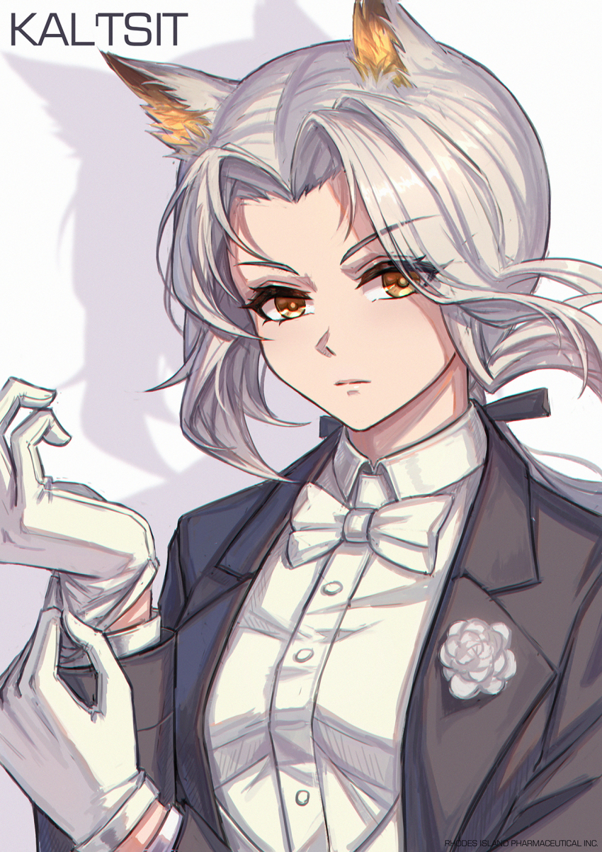 1girl, animal_ears, arknights, bow, bowtie, breasts, formal_clothes, gloves