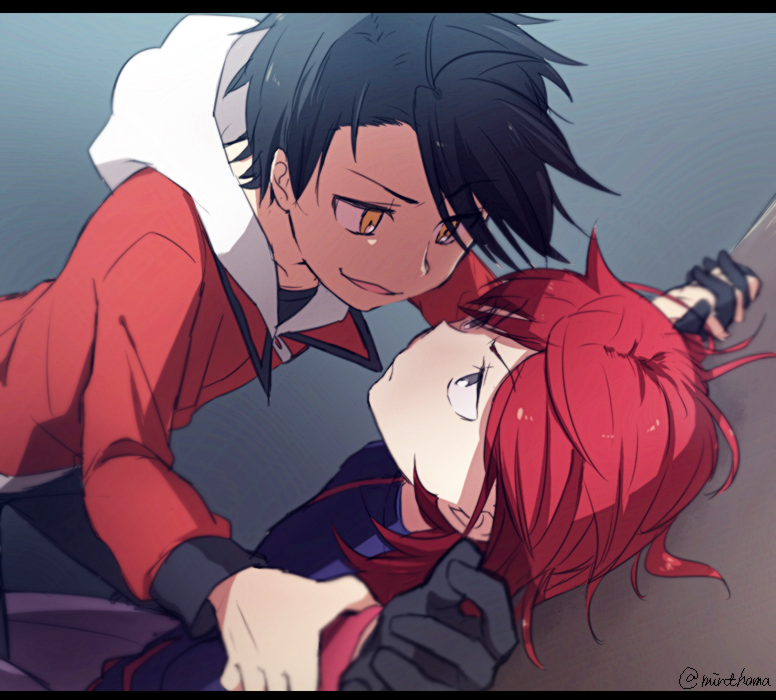 >:), 2boys, ahoge, angry, bad_id, bad_pixiv_id, black_gloves, black_pants, closed_mouth, ethan_(pokemon), gensi, gloves, grey_eyes, holding_hands, looking_at_another, male_focus, multiple_boys, nintendo, open_mouth, pants, pokemon, pokemon_adventures, purple_pants, red_hair, restrained, silver_(pokemon), yaoi, yellow_eyes