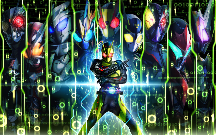 armor, mismatched_irises, binary, crack, cut-in, everyone, glowing, glowing_eyes, highres, kamen_rider, kamen_rider_01_(series), kamen_rider_ark-zero, kamen_rider_horobi, kamen_rider_ikazuchi, kamen_rider_jin, kamen_rider_naki, kamen_rider_thouser, kamen_rider_valkyrie, kamen_rider_vulcan, kamen_rider_zero-one, kamen_rider_zero-two, masukudo_(hamamoto_hikaru), rider_belt