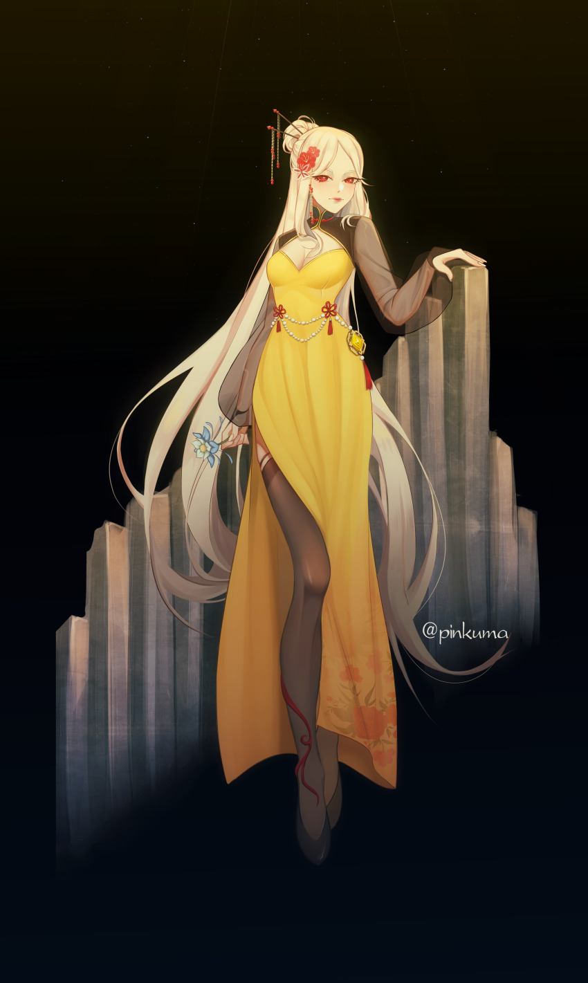 1girl, absurdres, alternate_costume, black_background, black_thighhighs, blush, breasts, cleavage, cleavage_cutout, clothing_cutout, commentary, dress, english_commentary, flower, genshin_impact, hair_bun, hair_flower, hair_ornament, hair_stick, highres, huge_filesize, lipstick, long_dress, long_hair, long_legs, makeup, medium_breasts, ningguang_(genshin_impact), red_eyes, red_lips, silver_hair, single_hair_bun, solo, stasikkarasik, thighhighs, twitter_username, very_long_hair, yellow_dress