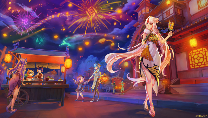 2boys, 5girls, absurdres, architecture, bespectacled, black_gloves, black_pantyhose, blue_hair