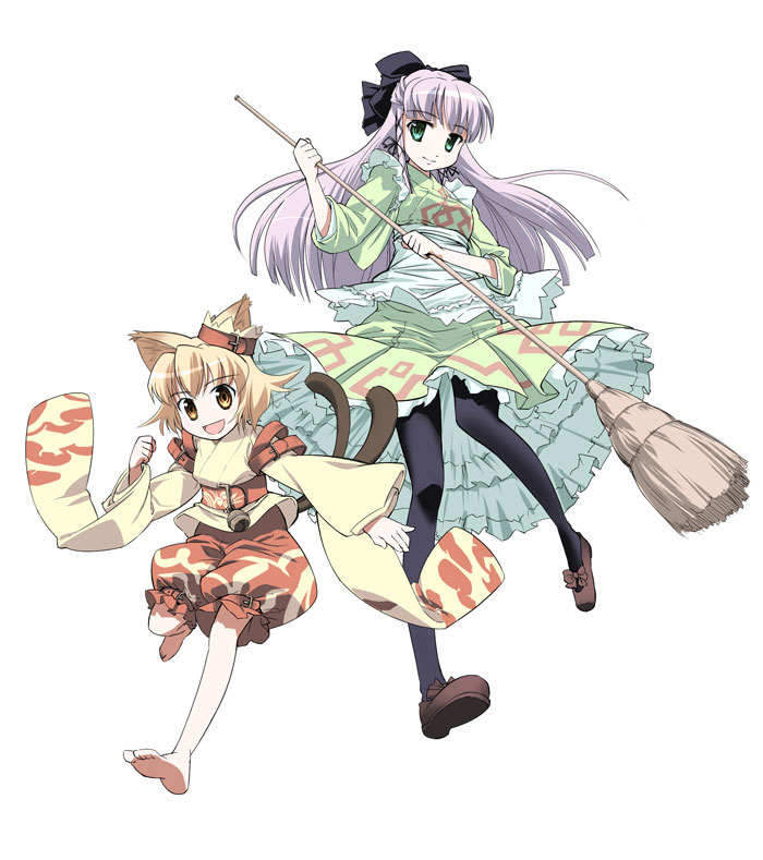 2girls, animal_ears, barefoot, black_legwear, broom, cat_ears, cat_girl, feet