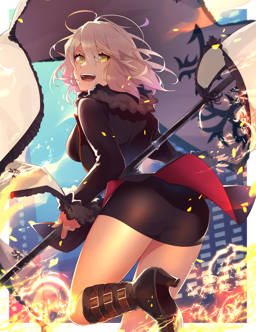 1girl, absurdres, ahoge, ass, bare_legs, black_jacket, boots, fate/grand_order
