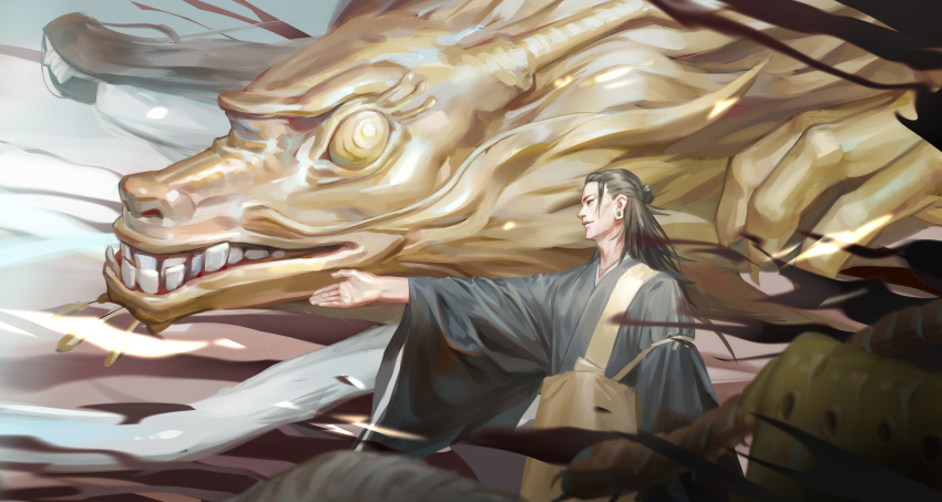 1boy, absurdres, bandaged_head, bandages, black_hair, black_kimono, claws, dragon, dragon_horns, earrings, eastern_dragon, eyelashes, geto_suguru, hair_bun, hejia_abby, hidden_face, highres, horns, incoming_attack, japanese_clothes, japanese_urban_legends, jewelry, jujutsu_kaisen, kimono, kuchisake-onna, long_hair, long_sleeves, looking_to_the_side, male_focus, monster, open_mouth, outstretched_arm, ringed_eyes, sash, single_hair_bun, solo, standing, stud_earrings, teeth, wide_sleeves