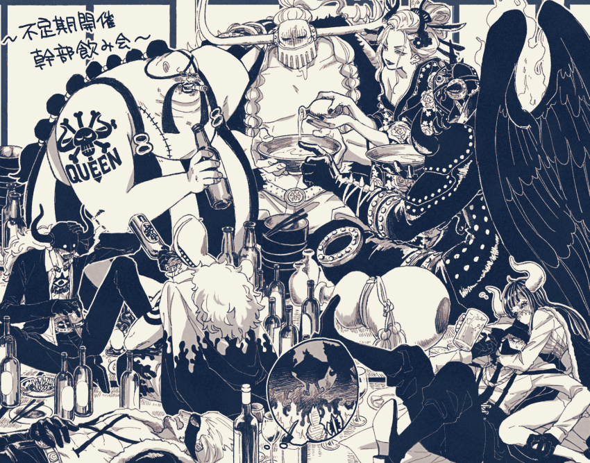 2girls, 6+boys, alcohol, bad_id, bad_pixiv_id, big_belly, black_maria_(one_piece), boots