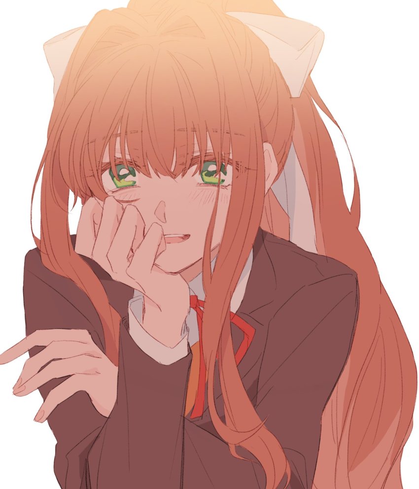 1girl, blush, doki_doki_literature_club, green_eyes, hair_between_eyes, hair_ribbon, head_rest, highres