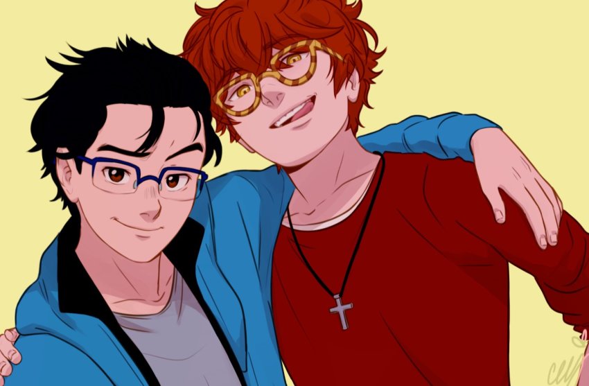 707_(susanghan_messenger), arm_around_shoulder, black_hair, blue_jacket, brown_eyes, ceejles, collarbone, cross