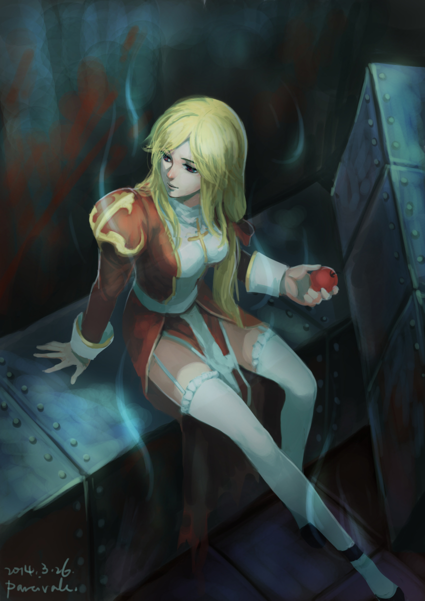 1girl, absurdres, apple, aura, bio_lab, black_footwear, blonde_hair, chinese_commentary