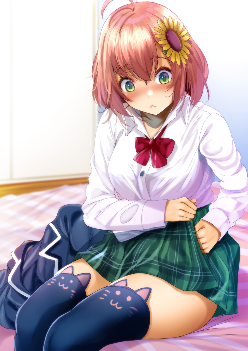 1girl, ahoge, bob_cut, bow, bow_panties, breasts, collared_shirt, flower, fumihiko_(fu_mihi_ko), green_eyes, green_skirt, hair_between_eyes, hair_flower, hair_ornament, highres, honma_himawari, honma_himawari_(1st_costume), large_breasts, long_sleeves, looking_down, nijisanji, panties, red_neckwear, school_uniform, shirt, short_hair, skirt, sunflower, sunflower_hair_ornament, thighhighs, thighs, underwear, virtual_youtuber