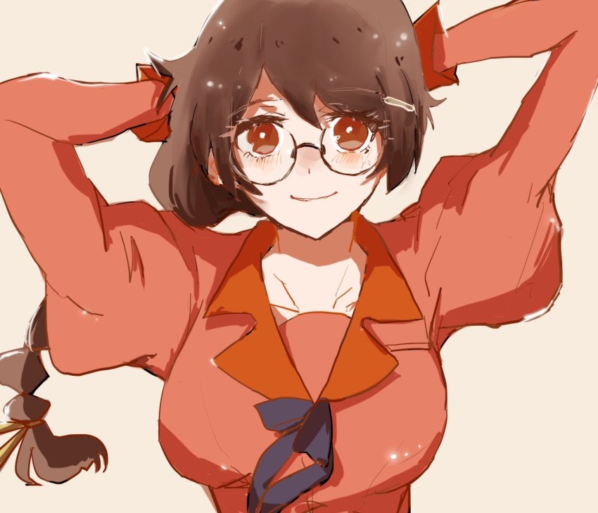 1girl, arm_behind_head, arms_up, blouse, braid, braided_ponytail, brown_eyes, brown_hair