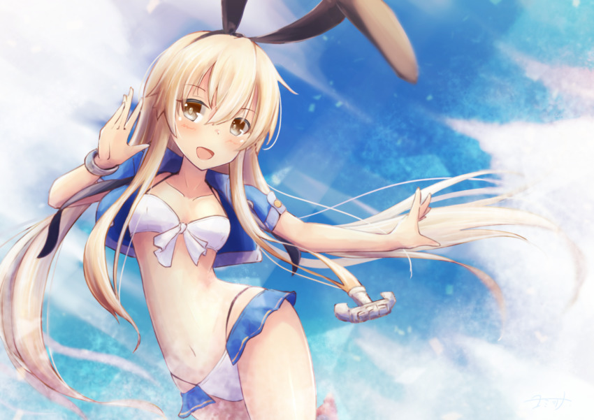 1girl, anchor_hair_ornament, bikini, black_hairband, blonde_hair, blue_jacket, blue_sky, breasts