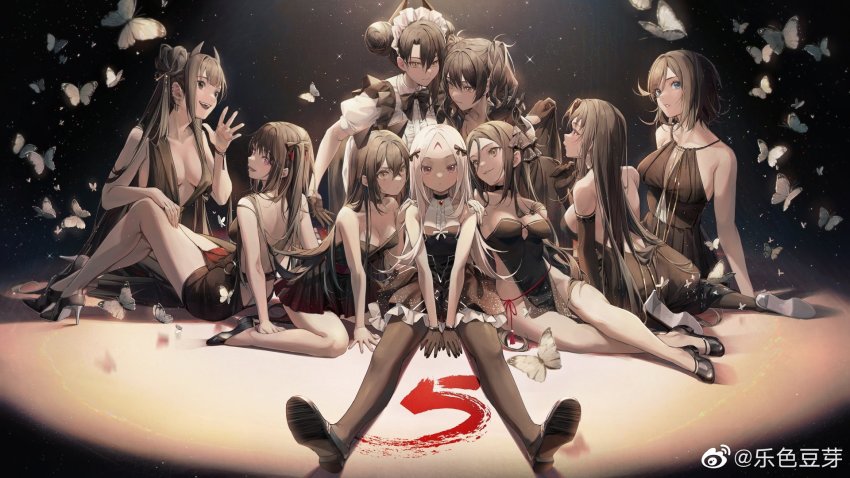 6+girls, agent_(girls'_frontline), anniversary, architect_(girls'_frontline), bare_shoulders, black_dress, black_hair, blue_eyes, breasts, bug, butterfly, cleavage, double_bun, douya_(233), dreamer_(girls'_frontline), dress, elbow_gloves, elisa_(girls'_frontline), executioner_(girls'_frontline), girls'_frontline, gloves, hair_bun, headgear, highres, insect, intruder_(girls'_frontline), judge_(girls'_frontline), long_hair, maid_headdress, multiple_girls, one_side_up, ouroboros_(girls'_frontline), pantyhose, pink_eyes, red_eyes, sangvis_ferri, scarecrow_(girls'_frontline), single_hair_bun, sitting, sleeveless, sleeveless_dress, twintails, white_hair, yellow_eyes