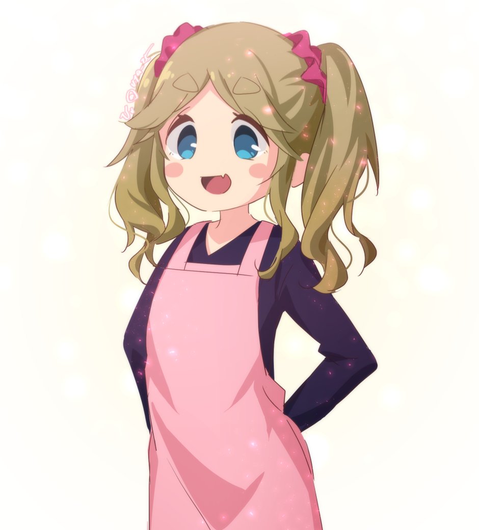 1girl, :d, apron, black_shirt, blue_eyes, blush_stickers, cowboy_shot, empty_eyes