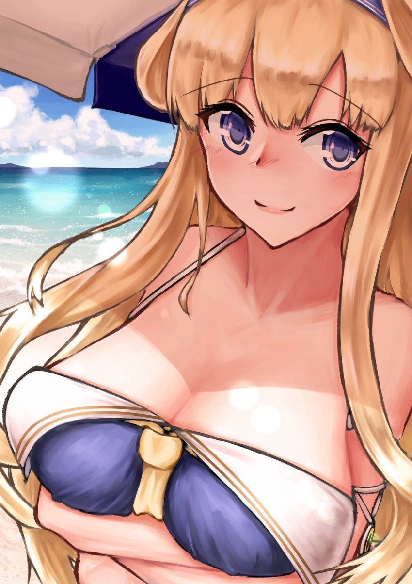 1girl, beach, bikini, blonde_hair, blue_eyes, blue_sky, breasts, fletcher_(kancolle)
