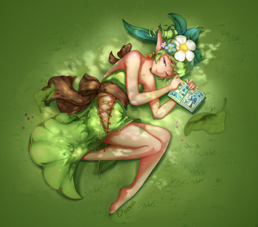1girl, absurdres, breadthree, dress, earrings, fairy, flower, grass, green_background, green_dress, green_hair, guardian_tales, hair_flower, hair_ornament, highres, holding, jewelry, leaf_fairy_aoba, looking_at_viewer, lying, on_side, pointy_ears, yellow_eyes
