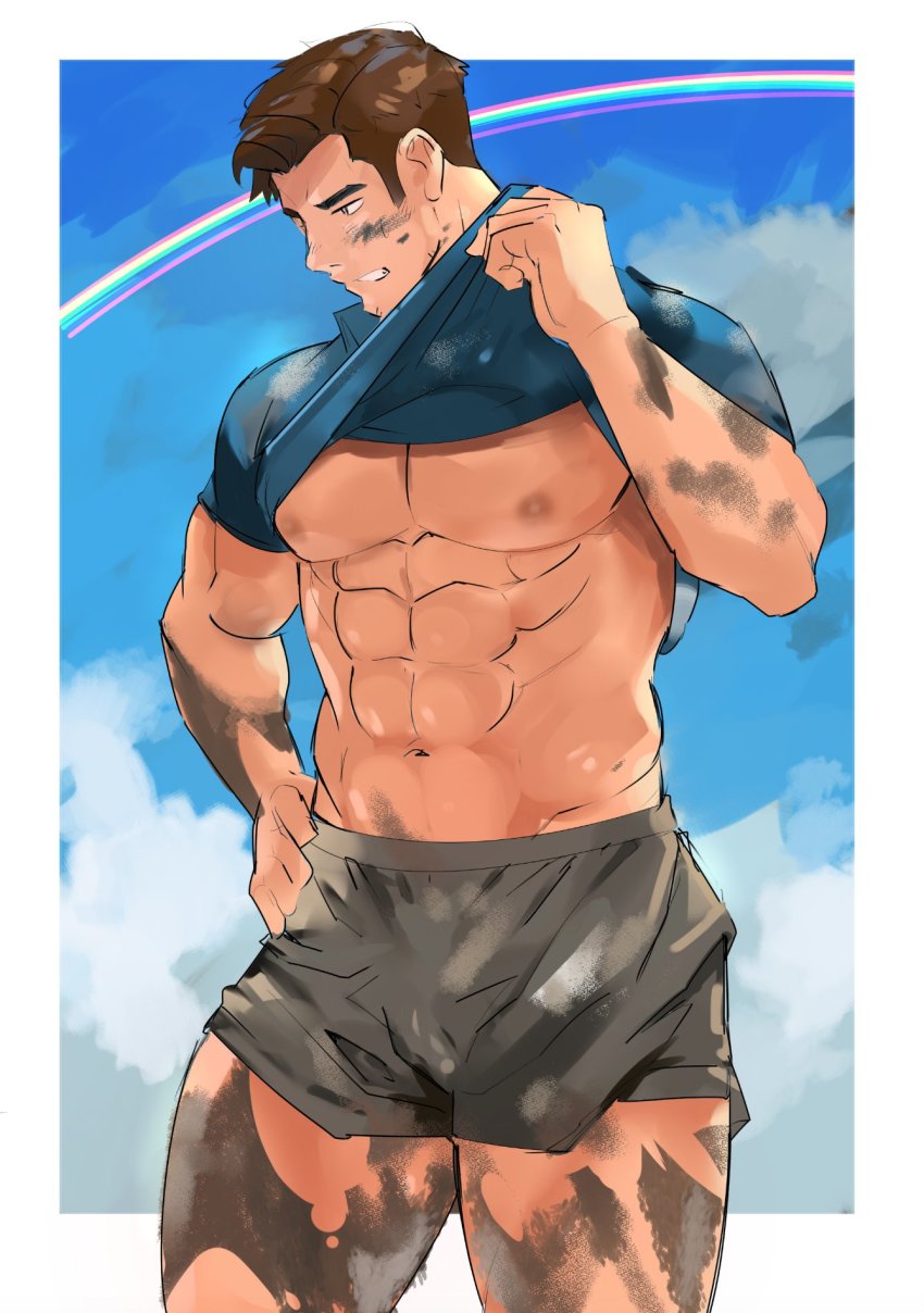 1boy, abs, bara, blue_shirt, border, brown_hair, clothes_lift, cloud
