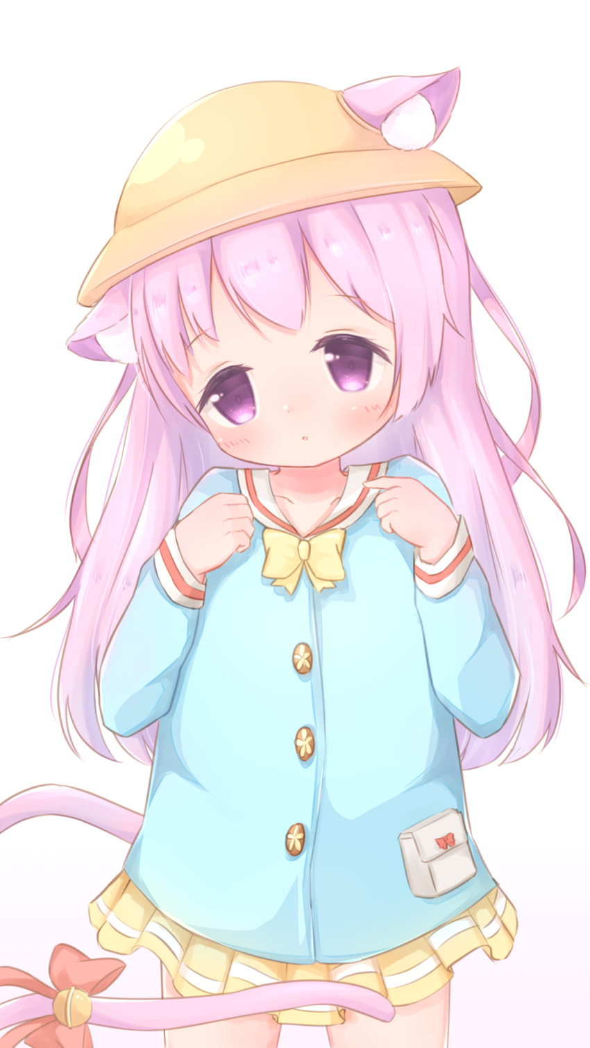 1girl, animal_ear_fluff, animal_ears, azur_lane, bell, blue_shirt, cat_ears, cat_tail, hands_on_own_chest, hat, highres, jingle_bell, kindergarten_uniform, kisaragi_(azur_lane), long_hair, nurumuyu, pink_hair, ribbon, school_hat, shirt, skirt, solo, tail, tail_ornament, tail_ribbon, yellow_hat, yellow_skirt