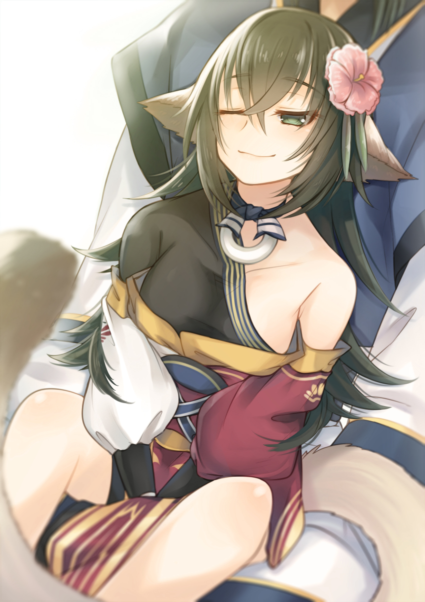 1boy, 1girl, ainu_clothes, animal_ears, aquaplus, black_hair, blush, breasts