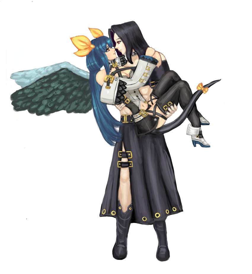 1boy, 1girl, angel_wings, black_gloves, black_hair, black_panties, blue_hair, boots, breasts, carrying, choker, cleavage, dizzy_(guilty_gear), gloves, guilty_gear, guilty_gear_xrd, guilty_gear_xrd:_revelator, guilty_gear_xx, hair_ribbon, hair_rings, highres, imminent_kiss, long_hair, looking_at_another, moontears, panties, princess_carry, red_eyes, ribbon, tail, tail_ornament, tail_ribbon, testament_(guilty_gear), thighhighs, underwear, very_long_hair, wings