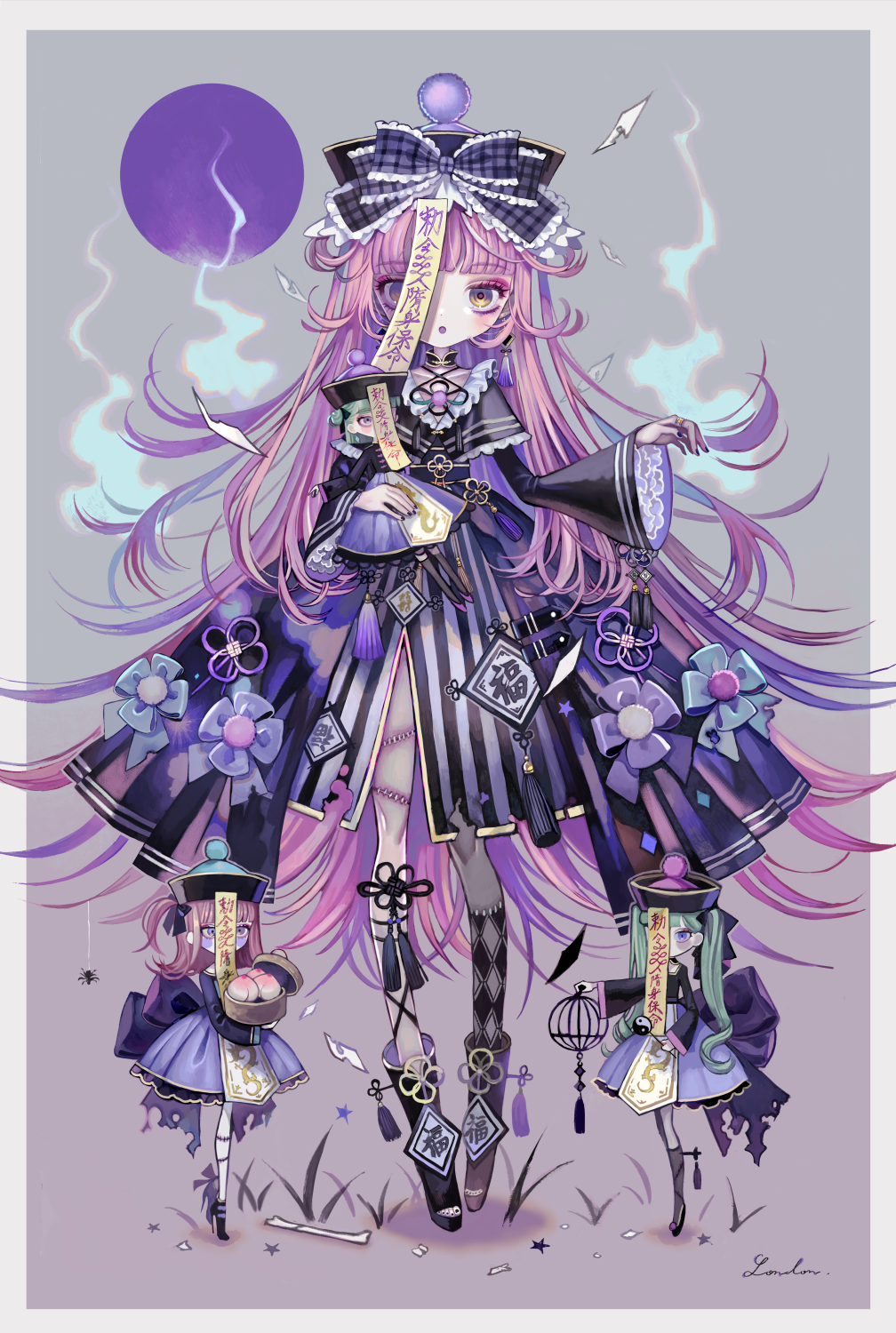 3girls, aqua_hair, black_bow, black_footwear, black_headwear, blunt_bangs, blush, bone