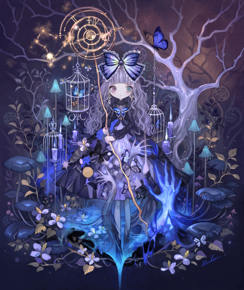 1girl, accurate_lolita_coord, aqua_eyes, black_dress, blue_butterfly, blunt_bangs, bug, butterfly