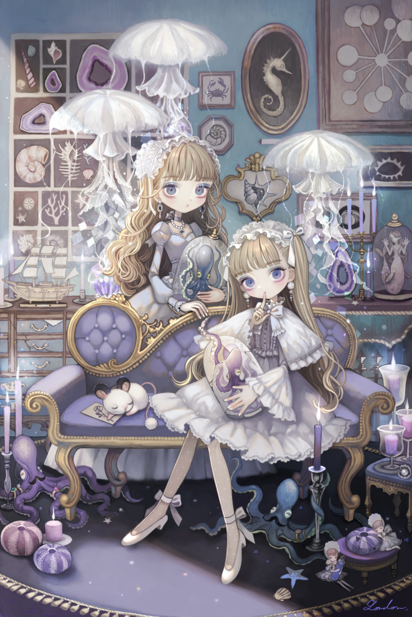2girls, accurate_lolita_coord, blonde_hair, blue_eyes, blunt_bangs, candle, classic_lolita, couch