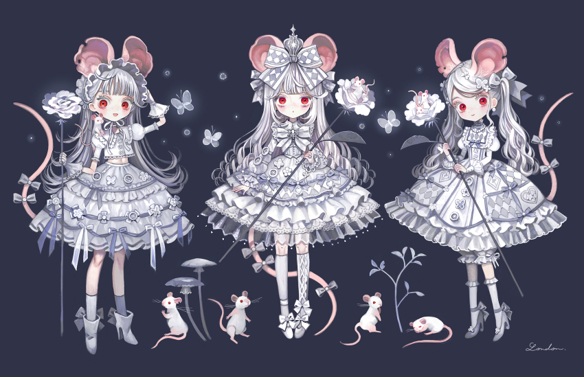 3girls, accurate_lolita_coord, animal, animal_ears, black_background, bow, bug, butterfly