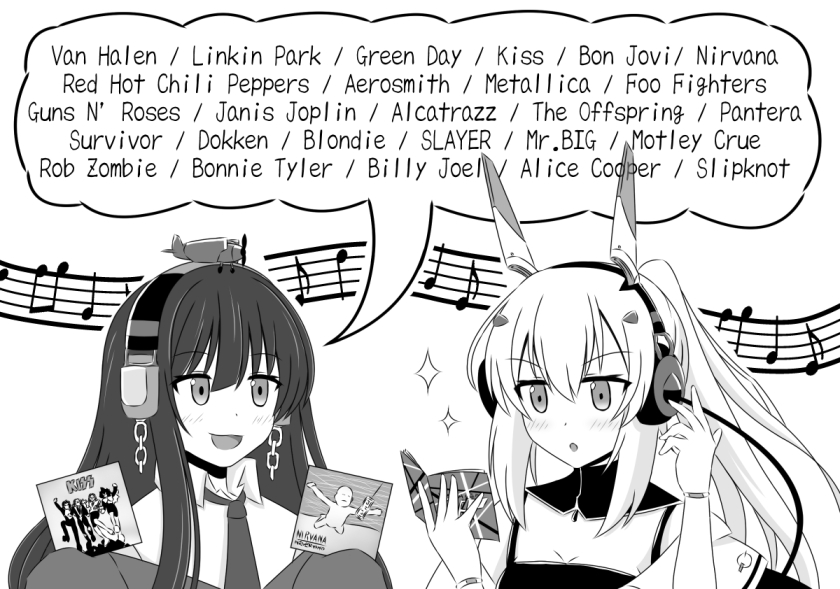 2girls, :d, aircraft, album_cover, ayanami_(azur_lane), ayanami_(rock_'n'_demon)_(azur_lane), azur_lane, blush, breasts, cd_case, chain, cleavage, commentary_request, cover, detached_collar, dot_nose, english_text, greyscale, hair_ornament, hairclip, hand_on_headphones, headgear, headphones, insider_(pix_insider), kiss_(rock_band), long_hair, long_island_(azur_lane), long_sleeves, monochrome, multiple_girls, necktie, nevermind, nirvana_(band), off_shoulder, open_mouth, parted_lips, retrofit_(azur_lane), sidelocks, sleeves_past_wrists, smile, sparkle, wide_sleeves