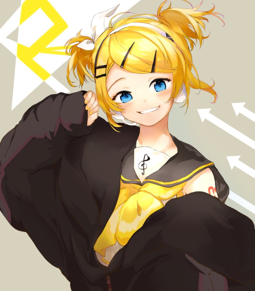 1girl, alternate_hairstyle, arrow_(symbol), black_coat, black_collar, blonde_hair, blue_eyes, bow, coat, collar, collared_shirt, commentary, grin, hair_bow, hair_ornament, hairband, hairclip, hand_up, highres, kagamine_rin, looking_at_viewer, nail_polish, neckerchief, open_clothes, open_coat, oyamada_gamata, sailor_collar, shirt, short_hair, short_twintails, shoulder_tattoo, smile, solo, swept_bangs, tattoo, treble_clef, twintails, upper_body, vocaloid, white_bow, white_shirt, yellow_nails, yellow_neckerchief