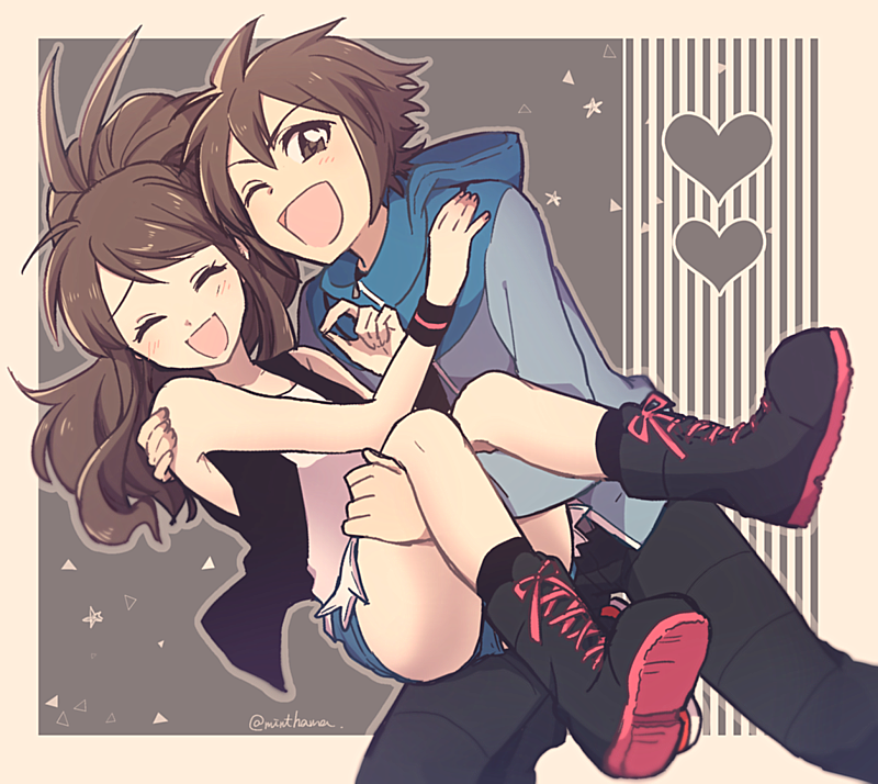 ^_^, ahoge, bad_id, bad_pixiv_id, blush, boots, brown_eyes, brown_hair, carrying, closed_eyes, couple, gensi, hand_on_shoulder, happy, heart, hilbert_(pokemon), hilda_(pokemon), long_hair, looking_at_viewer, nintendo, one_eye_closed, open_mouth, outside_border, pants, pokemon, pokemon_black_and_white, short_hair, shorts, sidelocks, simple_background, wavy_hair, wristband