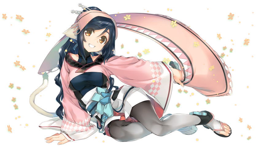 1girl, amazuyu_tatsuki, animal_ears, aquaplus, black_hair, breasts, cat_tail, clothing_cutout, coat, covered_erect_nipples, eyes_visible_through_hair, feet, female_focus, flower, full_body, grin, hair_between_eyes, hair_ornament, hand_on_ground, head_tilt, headband, highres, hip_vent, kuon_(utawarerumono), kuon_apprentice, long_hair, looking_at_viewer, lying, medium_breasts, nipples, official_art, orange_eyes, raised_eyebrows, sandals, smile, solo, swept_bangs, tail, teeth, toes, transparent_background, utawarerumono, utawarerumono:_itsuwari_no_kamen, utawarerumono:_lost_flag, very_long_hair, wavy_hair, white_tail