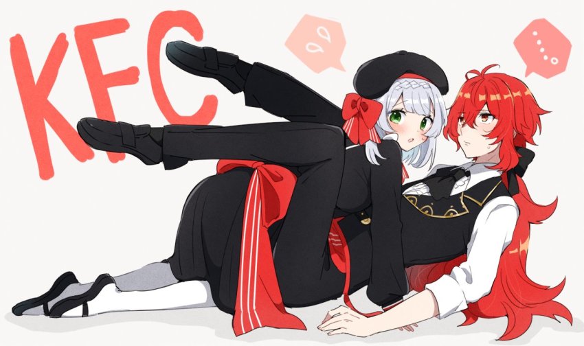 ..., 1boy, 1girl, alternate_costume, antenna_hair, apron, ascot, black_ascot, black_footwear, black_headwear, black_pants, black_vest, blush, braid, braided_bangs, breasts, diluc_(genshin_impact), diluc_(kfc)_(genshin_impact), flying_sweatdrops, genshin_impact, green_eyes, grey_background, hair_between_eyes, hat, hetero, kfc, large_breasts, long_hair, long_sleeves, lying, medetai, noelle_(genshin_impact), noelle_(kfc)_(genshin_impact), on_back, open_mouth, pants, pantyhose, ponytail, red_apron, red_ascot, red_eyes, red_hair, shirt, short_hair, silver_hair, simple_background, spoken_ellipsis, spoken_flying_sweatdrops, sweat, vest, white_pantyhose, white_shirt