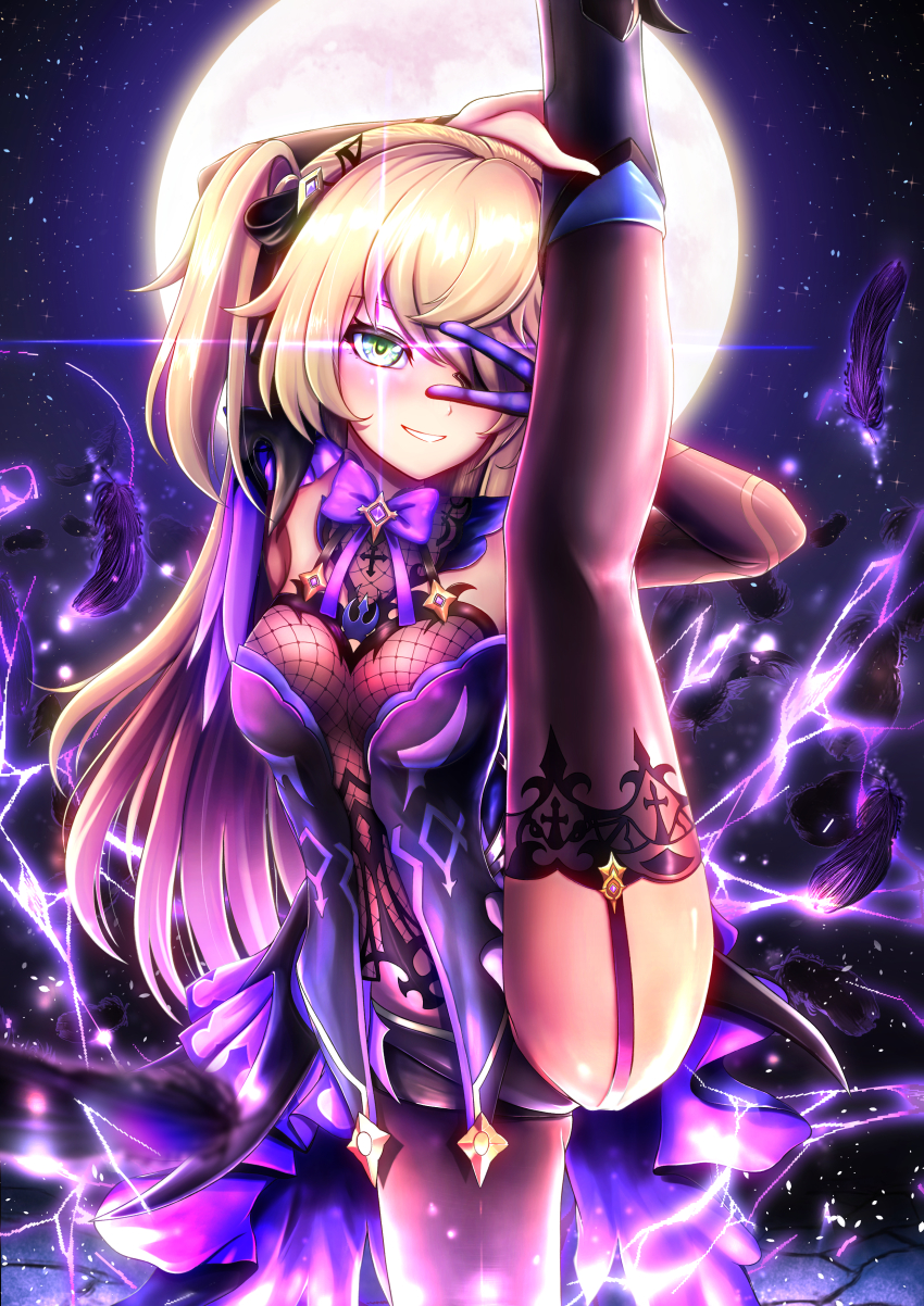 1girl, absurdres, black_thighhighs, blonde_hair, blush, bow, breasts, commentary_request, corset, dead_angels, electricity, eyepatch, fischl_(genshin_impact), full_moon, genshin_impact, green_eyes, grin, hair_ornament, highres, long_hair, looking_at_viewer, medium_breasts, moon, night, purple_bow, purple_corset, purple_garter_straps, sky, smile, solo, split, standing, standing_on_one_leg, standing_split, thighhighs, v