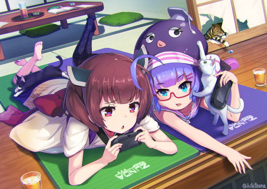 2girls, ahoge, black_cat, blue_eyes, blue_skirt, book, brown_eyes, brown_hair