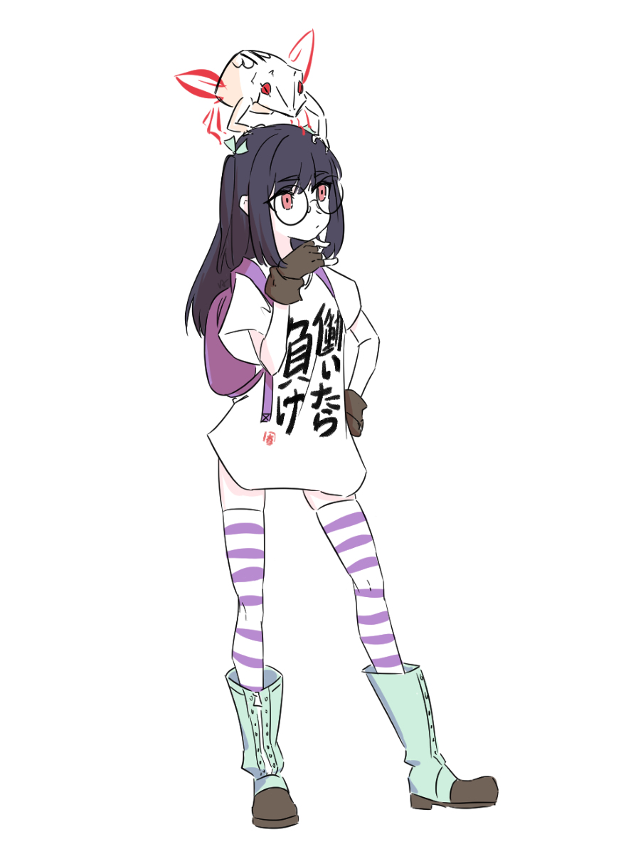 animal, animal_on_head, clothes_writing, fingerless_gloves, frog, glasses, gloves, highres, liveactors, long_hair, on_head, shin_subarashiki_kono_sekai, striped_legwear, subarashiki_kono_sekai, usui_nagi