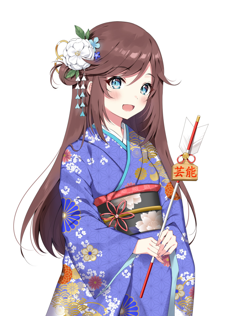 1girl, :d, absurdres, arrow_(projectile), bell, blue_eyes, blue_flower, blue_kimono