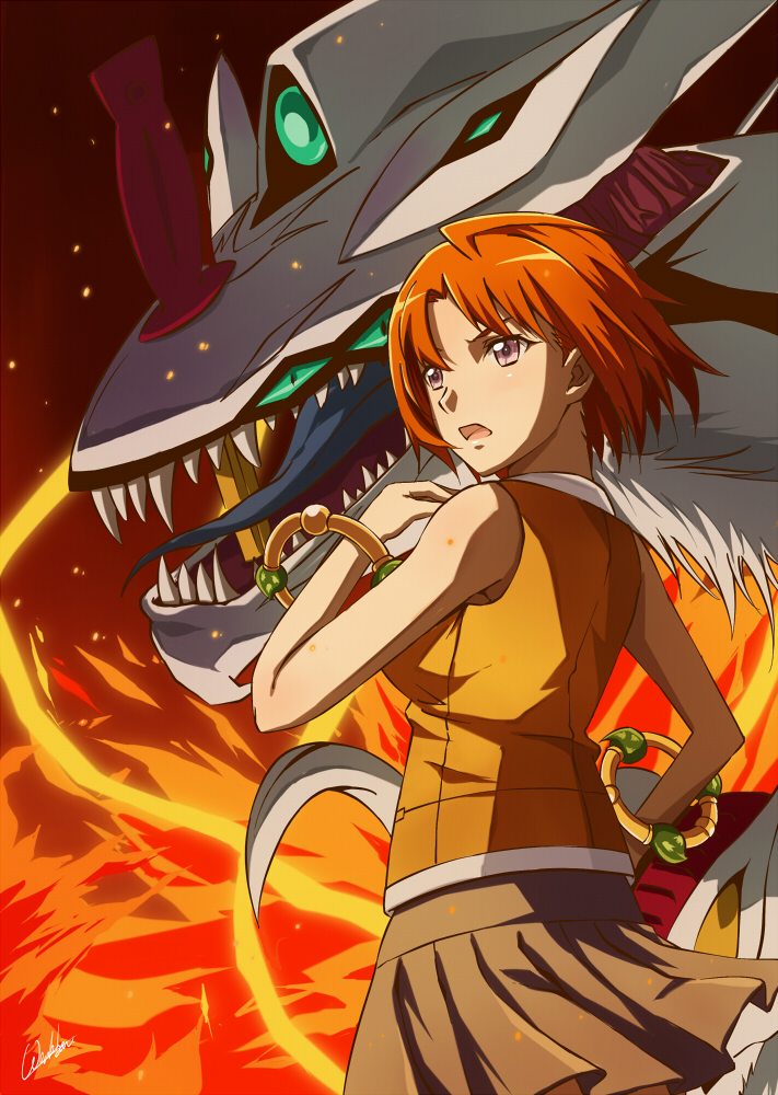 1girl, bracelet, brown_skirt, cowboy_shot, fire, from_behind, jewelry, kagutsuchi