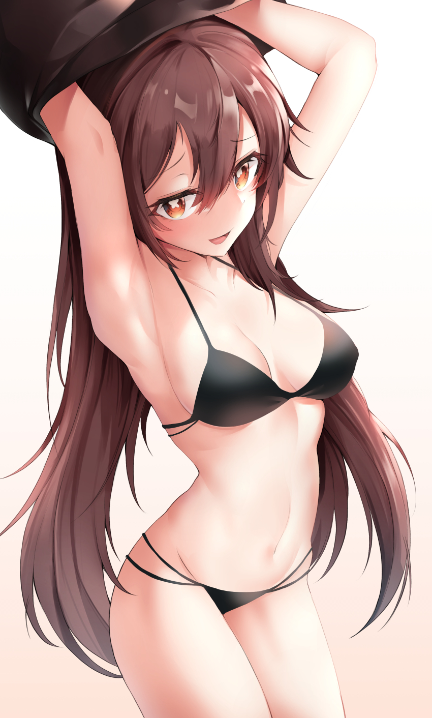 1girl, absurdres, armpits, bad_id, bad_pixiv_id, black_bra, black_panties, blush, bra, breasts, brown_hair, cleavage, collarbone, cowboy_shot, genshin_impact, gr_greeze, gradient_background, hair_between_eyes, highres, hu_tao_(genshin_impact), long_hair, looking_at_viewer, medium_breasts, navel, panties, parted_lips, red_eyes, shirt, smile, solo, underwear, unworn_shirt
