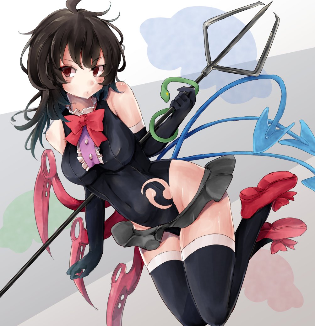 1girl, asymmetrical_wings, black_hair, black_leotard, black_thighhighs, blue_wings, brown_eyes, elbow_gloves