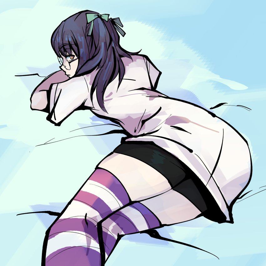 1girl, absurdres, ass, black_hair, glasses, green_ribbon, highres, ribbon