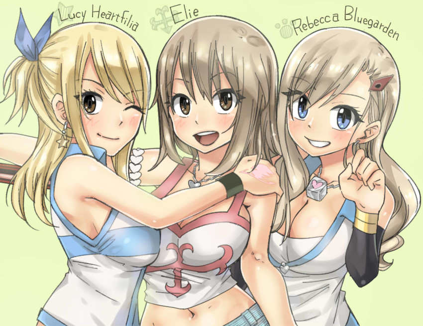 3girls, blonde_hair, blue_eyes, breasts, brown_eyes, character_name, cleavage, creator_connection