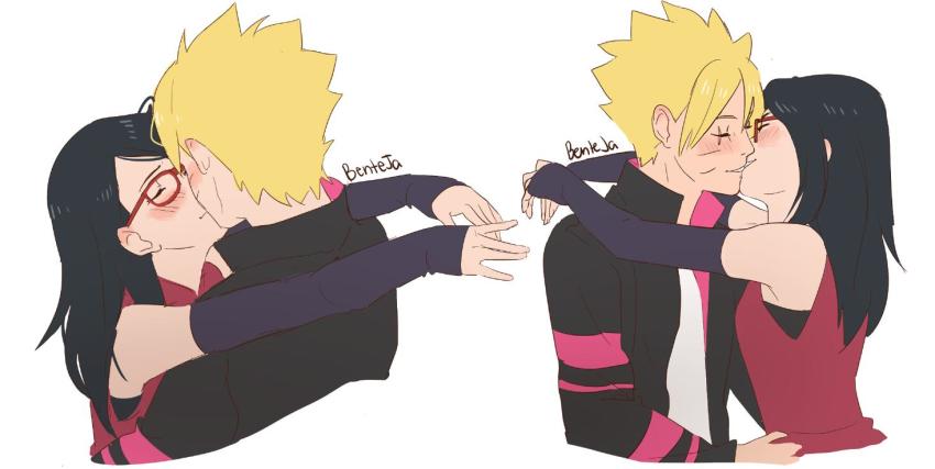 1boy, 1girl, artist_name, bare_shoulders, benteja, black_eyes, black_hair, blonde_hair