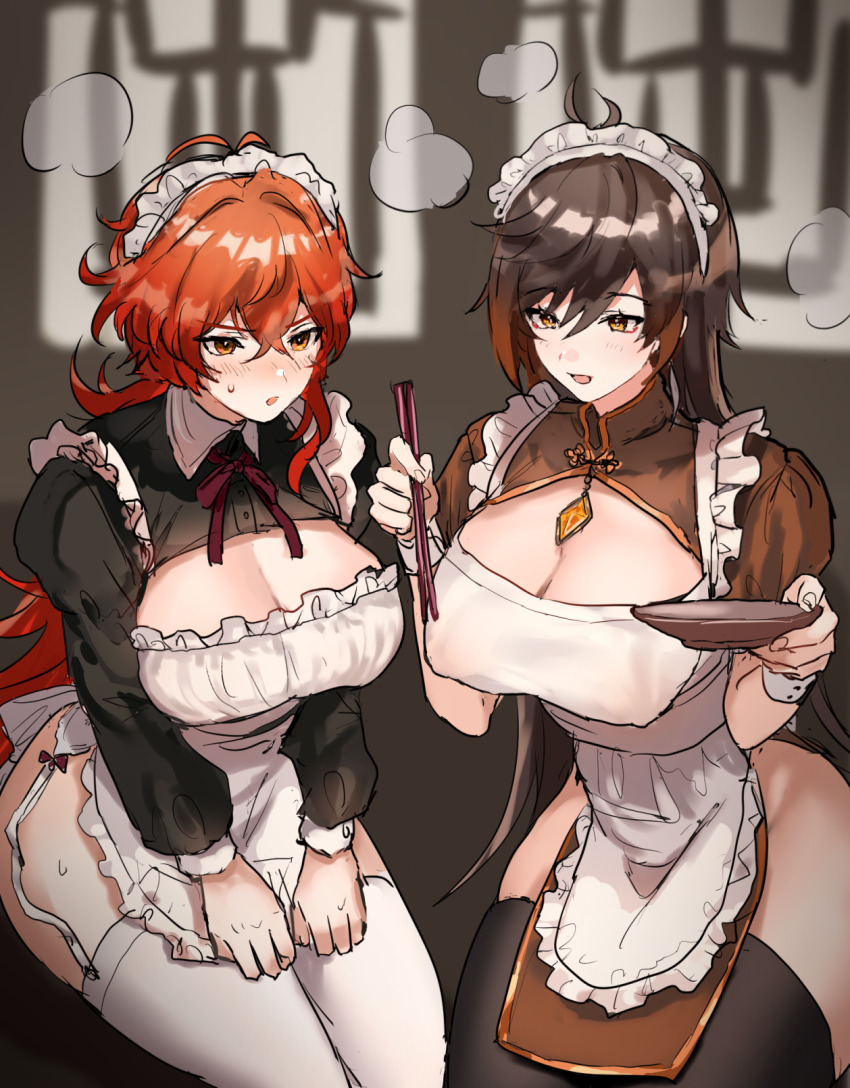 2girls, alternate_costume, apron, black_hair, black_legwear, blush, bow, breasts