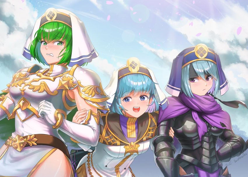 3girls, absurdres, arm_grab, armor, artist_name, belt, beruka_(fire_emblem), black_armor, black_gloves, blue_eyes, blue_hair, blush, bob_cut, bracelet, breastplate, breasts, burnt_green_tea, cloud, cloudy_sky, dithorba_(fire_emblem), dress, elbow_gloves, fire_emblem, fire_emblem:_genealogy_of_the_holy_war, fire_emblem_echoes:_shadows_of_valentia, fire_emblem_fates, fire_emblem_heroes, gloves, greaves, green_eyes, green_hair, hand_on_own_hip, headdress, height_difference, highres, jewelry, multiple_girls, nintendo, open_mouth, outdoors, pelvic_curtain, purple_eyes, scarf, short_hair, silque_(fire_emblem), sky, smile, trait_connection, white_armor, white_dress, white_gloves