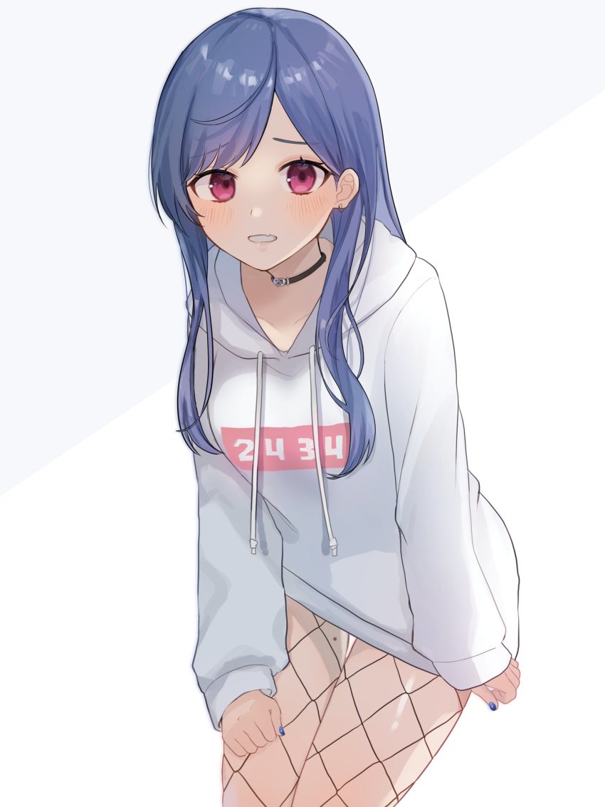 1girl, ahoge, artist_request, black_choker, blue_hair, blue_nails, choker, collarbone