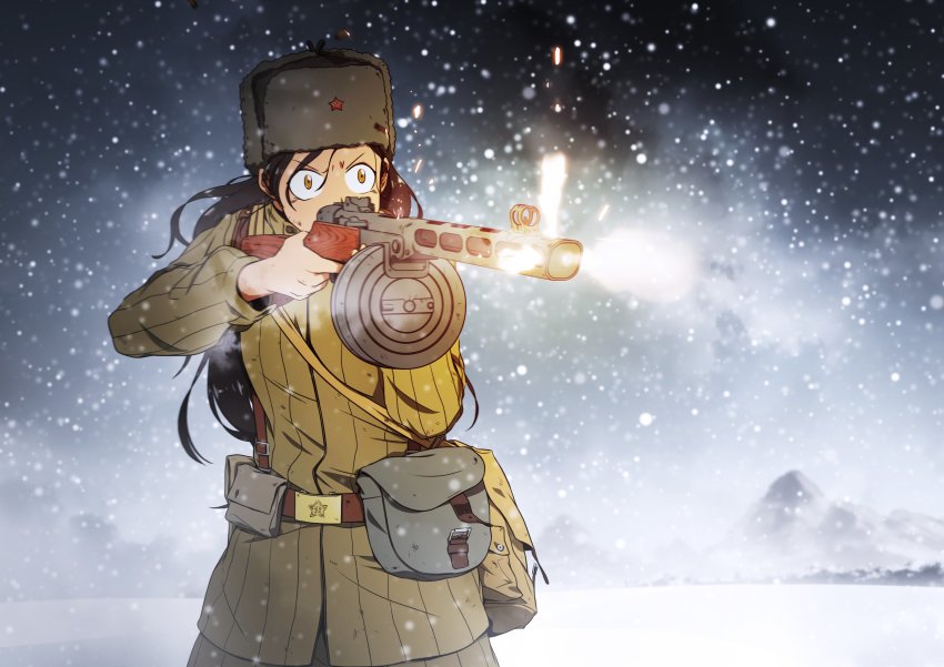 1girl, drum_magazine, firing, gloves, grey_hat, gun, hat, highres, holding, holding_weapon, jacket, magazine_(weapon), military, military_jacket, military_uniform, mountain, mrxinom, muzzle_flash, original, padded_jacket, ppsh-41, red_star, russia, snow, snowing, solo, soviet, soviet_army, star_(symbol), submachine_gun, telogreika, weapon, world_war_ii