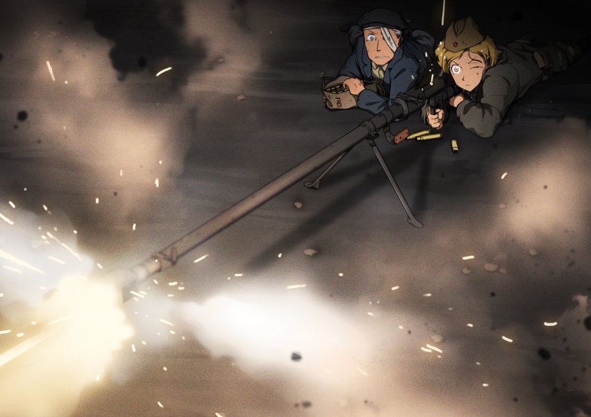 14.5x114mm, ammunition, anti-materiel_cartridge, anti-materiel_rifle, bandage_over_one_eye, bandages, bipod, bolt_action, coat, firing, gun, hat, highres, lying, mrxinom, on_stomach, one_eye_closed, one_eye_covered, original, pouch, ptrd-41, rifle, rifle_cartridge, shell_casing, smoke, sniper_rifle, weapon, world_war_ii