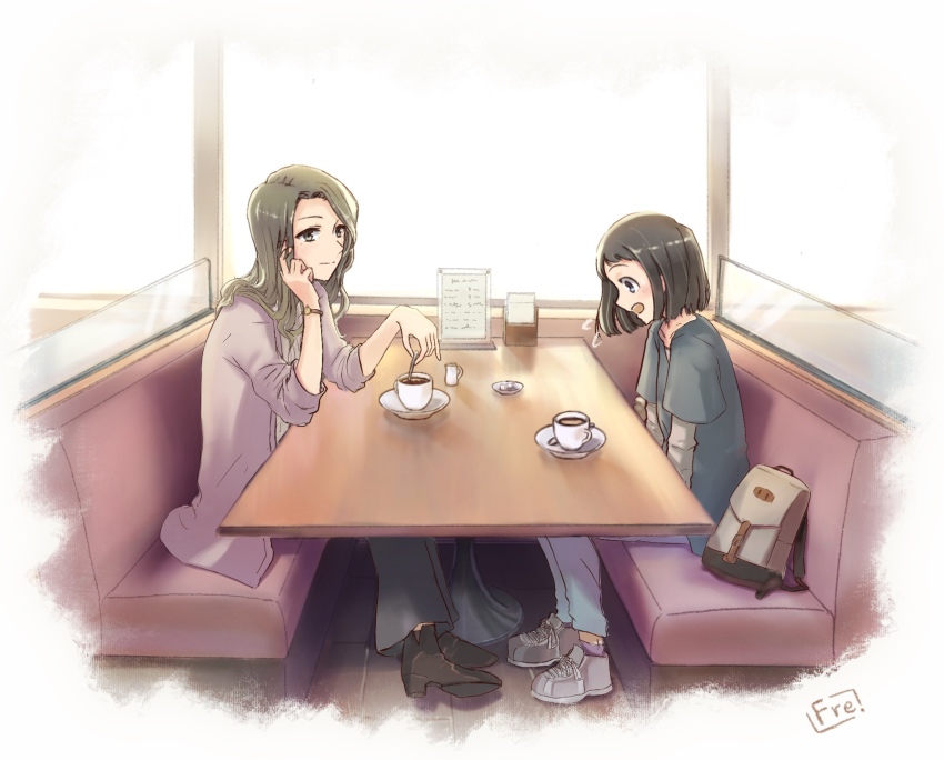 :o, artist_name, backpack, bag, black_footwear, brown_eyes, brown_hair, cup, elbows_on_table, fre_(silent_life), hayashi_renma, highres, indoors, kanou_koyomi, long_hair, restaurant, shirt, shoes, short_hair, sitting, sneakers, stirring, t-shirt, table, teacup, watch, wristwatch, yagate_kimi_ni_naru, yuri